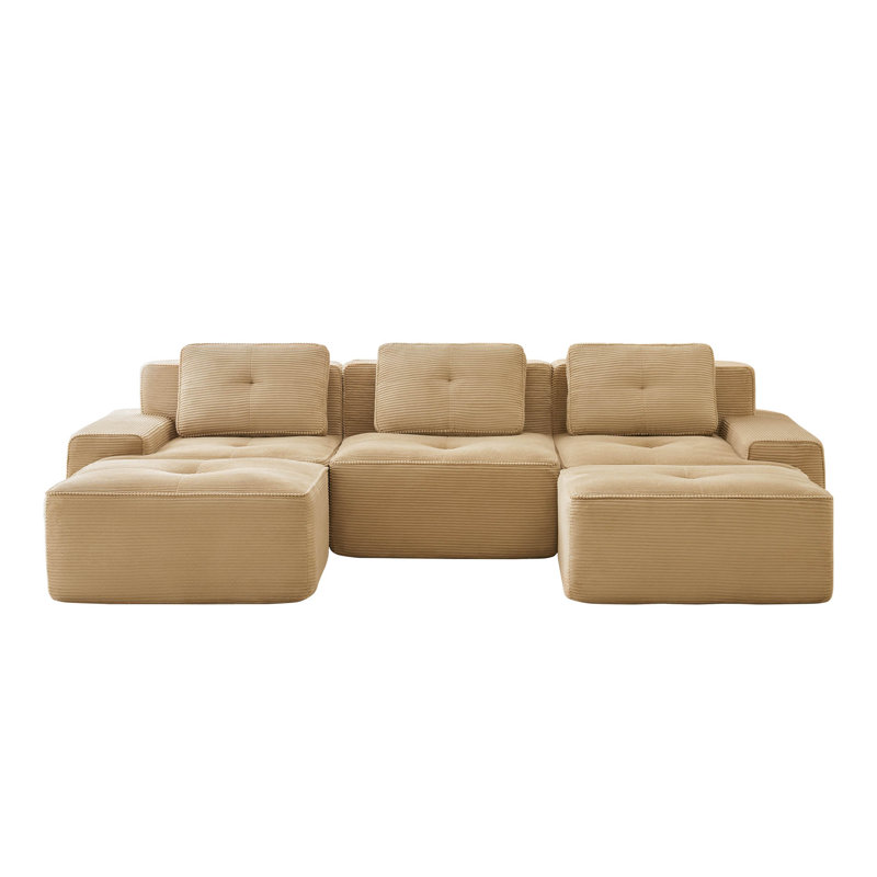 Canapé modulaire 115 po avec 2 repose-pieds mobiles Corduroy, Velours côtelé chameau