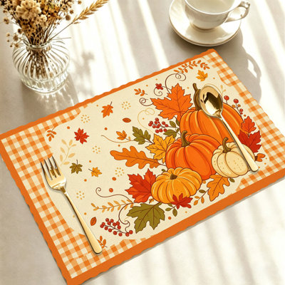 Ensemble de 4 napperons d'automne - Ensembles de table résistants à la chaleur, pour les repas à l'intérieur et à l'extérieur, bordure à carreaux orange et blancs