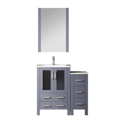 36 po Large meuble-lavabo gris foncé avec armoire latérale peu profonde, robinet inclus, comptoir en céramique blanche et 22 compartiments de rangement pour miroir