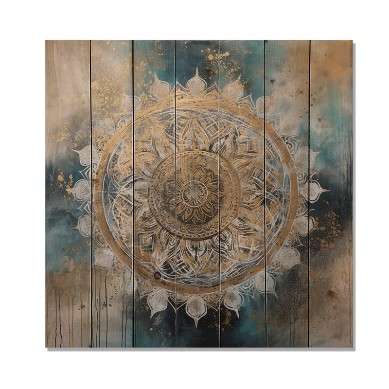 Sarcelle et or Mandala III - impression d'art mural en bois Boho Mandala, H 15 po x l 15 po x P 0,78 po
