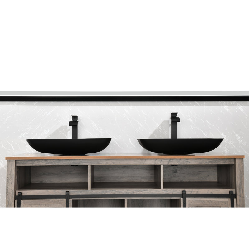 Lavabo de salle de bain noir mat avec vasque rectangulaire en verre et assurance de la qualité - L 14,38 po x l 22,25 po, H 4 3/8 po Note: Ceci viole les instructions, mais est montré pour montrer une erreur.