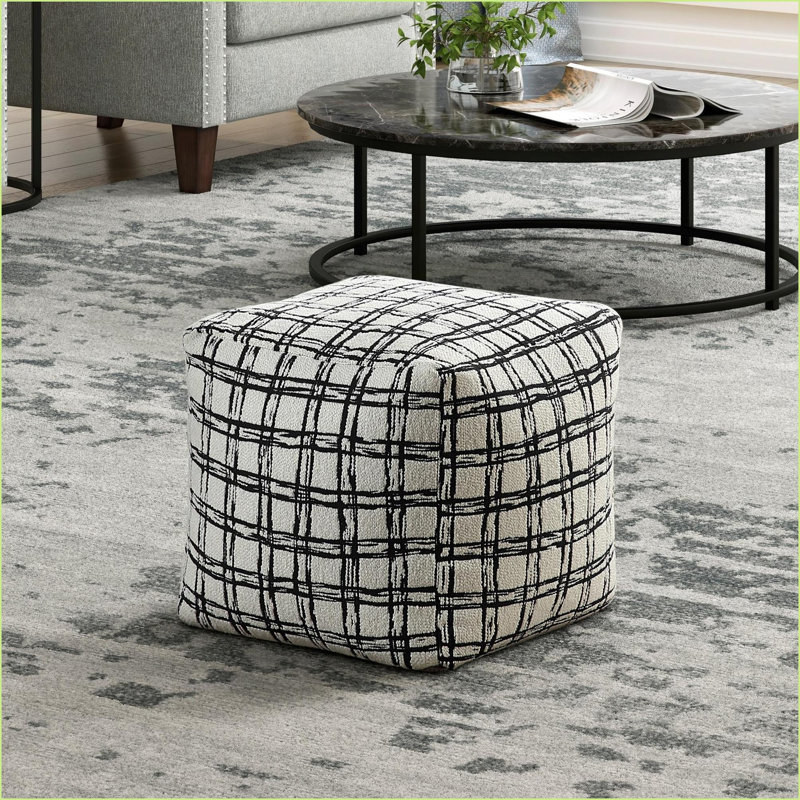Ottoman, Modern 16x16x16 Black & White Patterned Pouf | Non-Slip Seating/Footrest | Black and White | Jacquard Textile