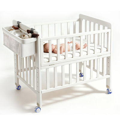 3-in-1 Wood Baby Bassinet Bedside Sleeper – Portable Mini Crib with Breathable Mattress, 6 Heights, Storage Basket & Wheels, Natural Finish for Newborn, Infant & Small Space-WHITE