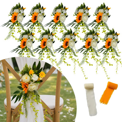 Ensemble de 10 décorations de chaise de mariage jaune, tournesols en mousse artificielle avec eucalyptus et rubans, décor de cérémonie d'allée