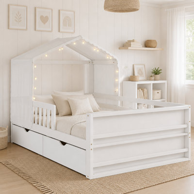 House Bed Frame with Detachable Tent, Light, Drawers and Bookshelves