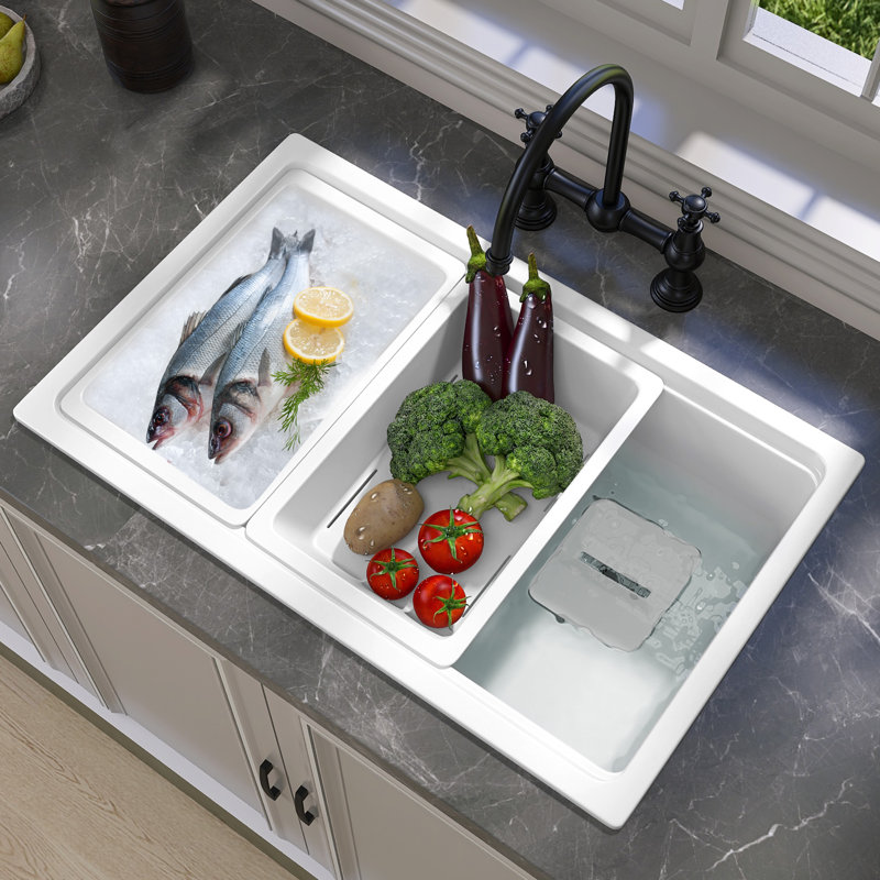 Évier de cuisine encastré 30 po x 19 po encastré rectangulaire en granite à double cuve à montage sur plan avec évier de cuisine et évier de cuisine