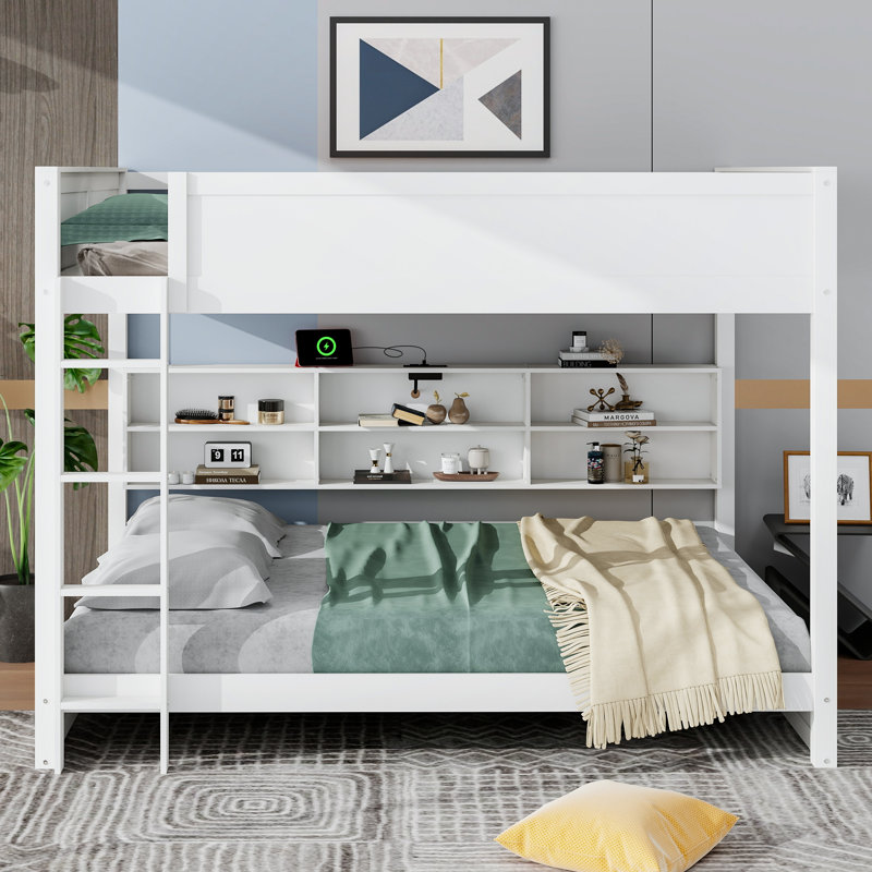 Queen Over Queen Bunk Bed With Storage And Charging Station, White