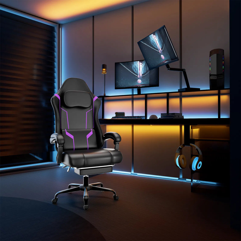 Fauteuil de jeu ergonomique avec siège à ressorts ensachés et repose-pieds, fauteuil d'ordinateur inclinable à 90 ° -155 ° avec support lombaire à massage, capacité de 350 lb, appui-tête réglable et accoudoirs liés