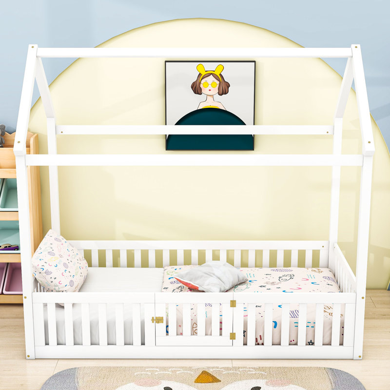 Antonya House Bed with Fence and Door, Twin, White