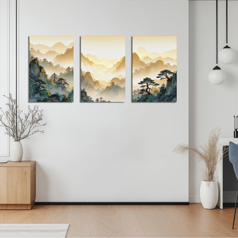 Tableau traditionnel chinois de paysage sur toile tendue (ensemble de 3), H 30 po x l 60 po