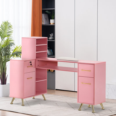 Bureau clouté en L avec plusieurs tiroirs et armoire de rangement BarberPub