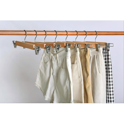 10 Pack Wooden Pant Hangers with Adjustable Clips,Wood Skirt , Trouser Hangers, Closet Hangers for Bottom, Jeans, Slacks, Shorts