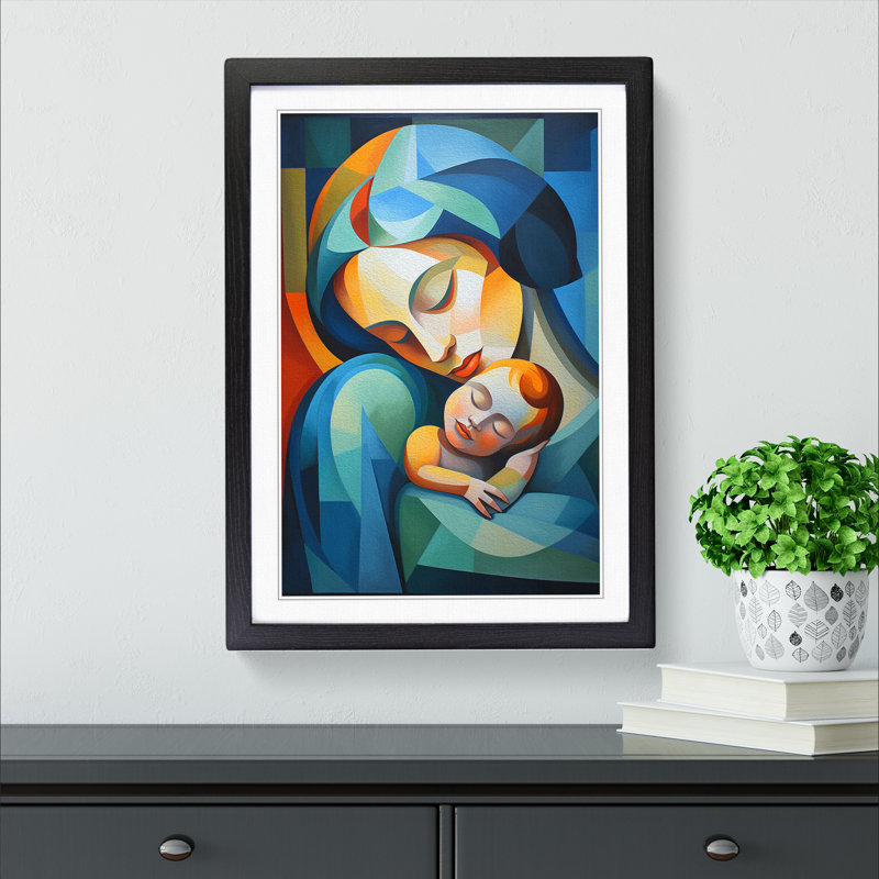 Mother And Baby Cubism No.3 - Single Picture Frame Print on Wood, 64cm H x 46cm W x 2cm D, Black Framed