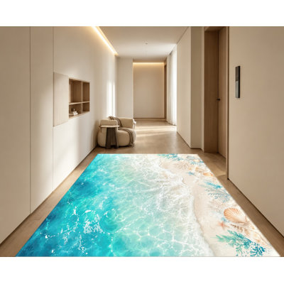 Tapis de plage à motif vagues océaniques, sable, coquillages et eau turquoise réalistes, design artistique, antidérapant, décoration intérieure vibrante pour salon, chambre, entrée, cuisine, balcon, appartement
