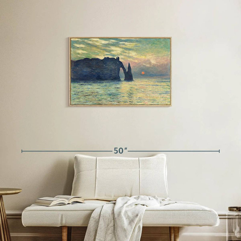 Coucher de soleil sur la falaise d'Etretat, Cadre flottant en bois naturel, 31 po x 21 po