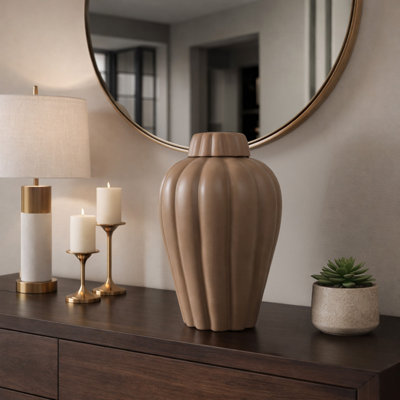 Modern Chiseled Ceramic Table Jar with Lid for Tall Tabletop Accent - Handcrafted Jar for Entryway, Kitchen or Home Decor Styling - Brown