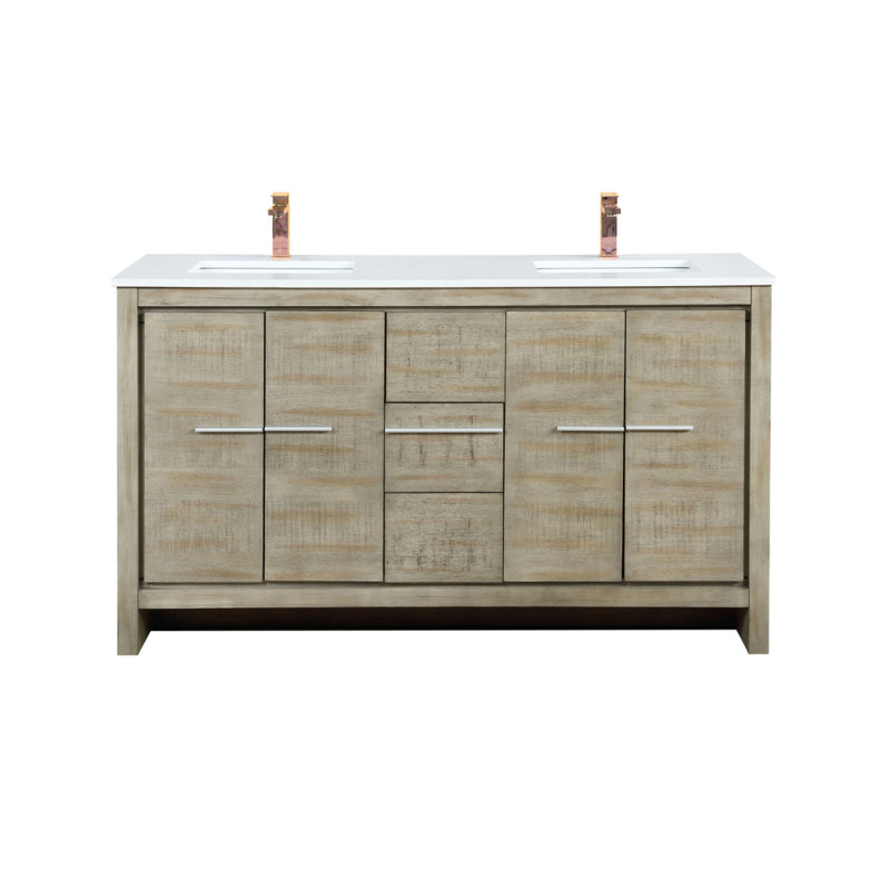 Meuble-lavabo double en acacia rustique 60 po X P 20 po D, plateau en quartz blanc et robinet en or rose, Bois d'acacia
