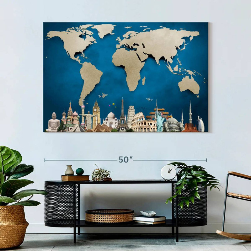 «Ocean Blue World Map», reproduction sur toile tendue, H 34 po x l 51 po x P 1,25 po