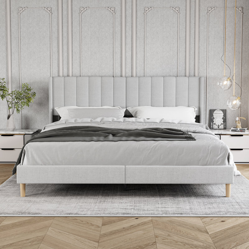 Upholstered Wingback Bed, Queen, Light Gray