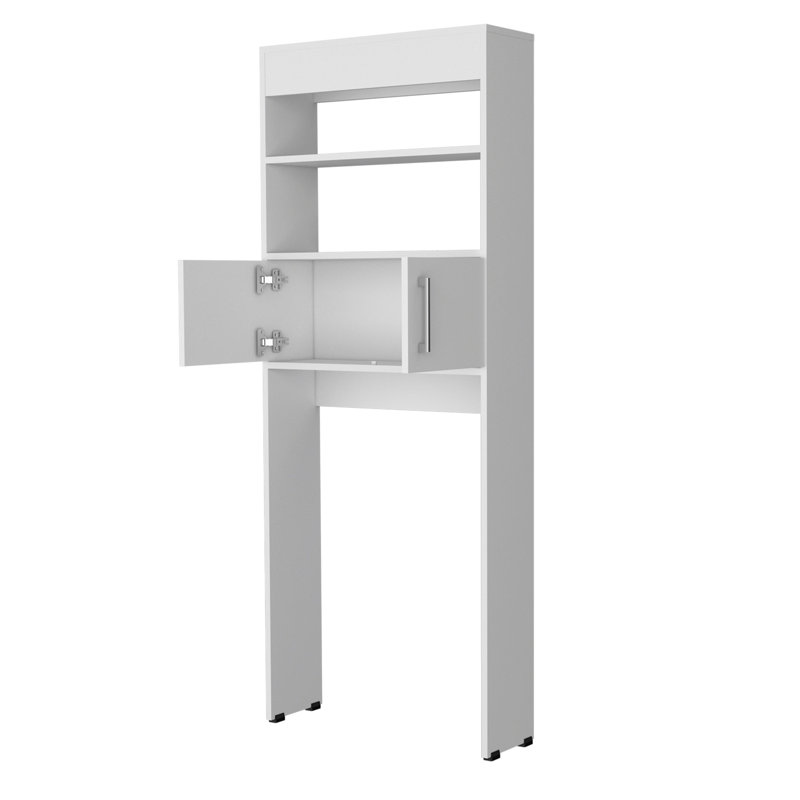 Armoire de rangement de salle de bain blanche à 2 portes avec tablettes ouvertes, autoportante pour les besoins de la toilette, organisant efficacement les fournitures, d'une hauteur de 63 pouces