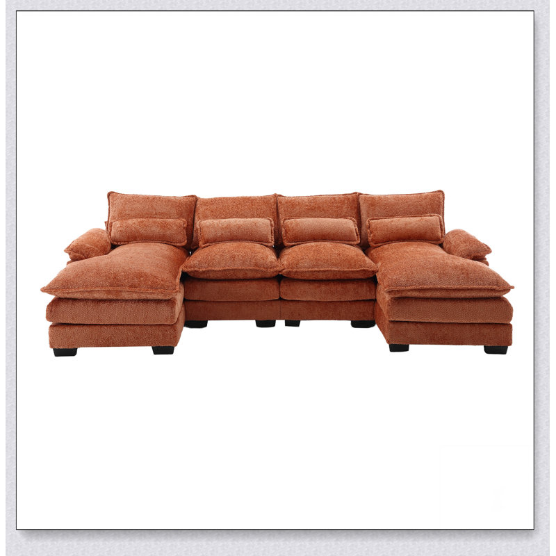 Large Chenille Fabric U-Shape Sectional Sofa, Orange Chenille