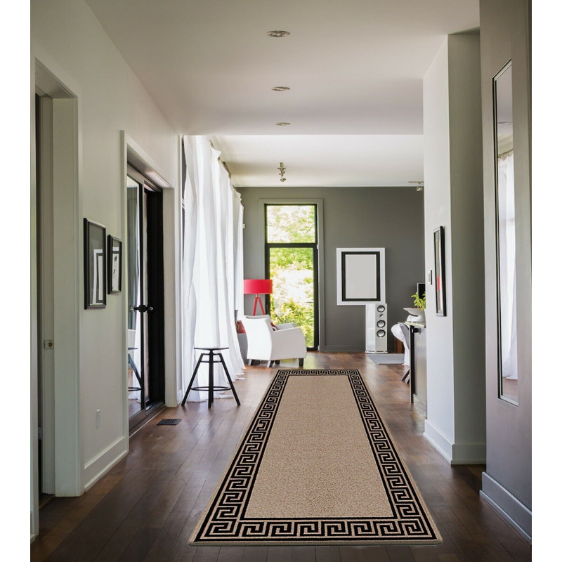 Plain Rug with Greek key Bordered Gel backed Rug Ameah Beige/Black Rug, Rectangle 66 x 120cm