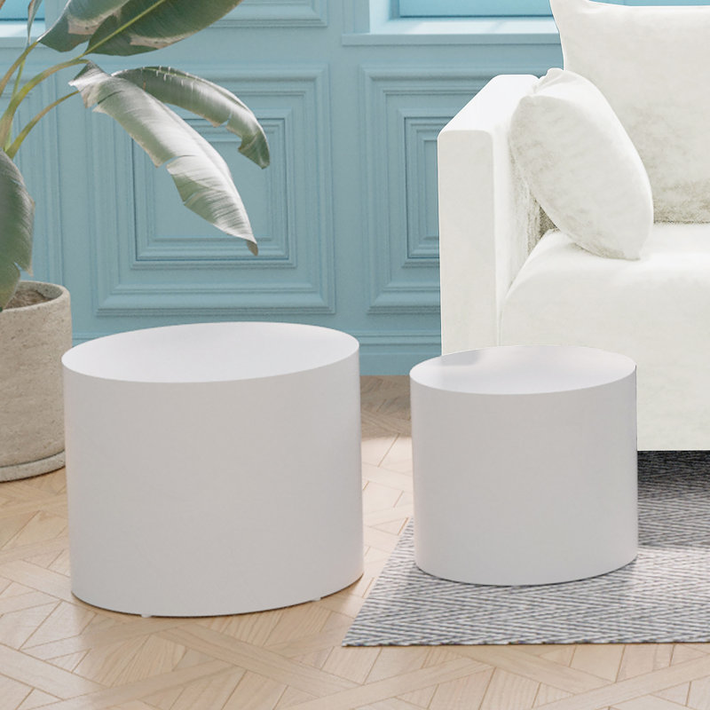 Ensemble de 2 tables d'appoint avec frêne, chêne, placage en noyer, table basse, table de bout, Blanc