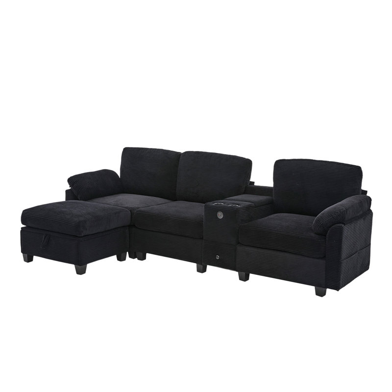 Canapé modulaire avec repose-pieds, Velours côtelé noir