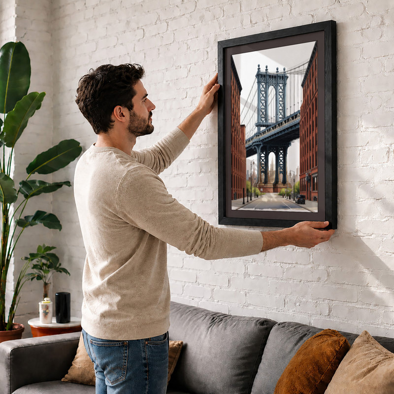 Manhattan Bridge Framed Industrial - Framed Print, A2 - 59.4 x 42.0 cm, Oak