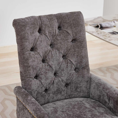 Chaises de salle à manger rembourrées avec accoudoirs, chaise d'appoint à dossier haut capitonné, chaise d'appoint de salle à manger à garniture cloutée fabriquée à la main avec coussin en S et pieds en acier inoxydable, ensemble de 1