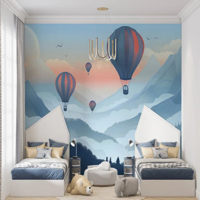 Dreamy Hot Air Balloons Over Misty Blue Mountains