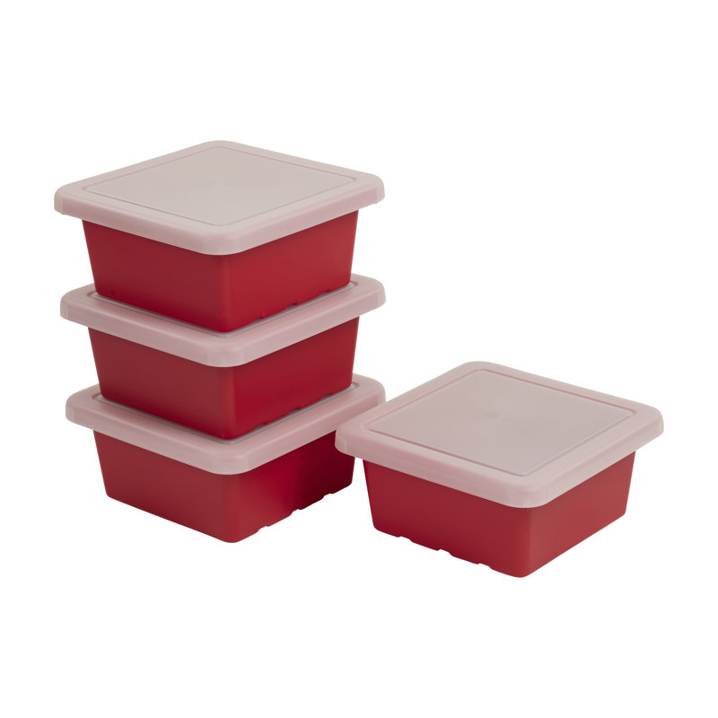 ECR4Kids Stackable Square Bins with Non-Snap Lids, Multipurpose Organization, 4-Pack, Red
