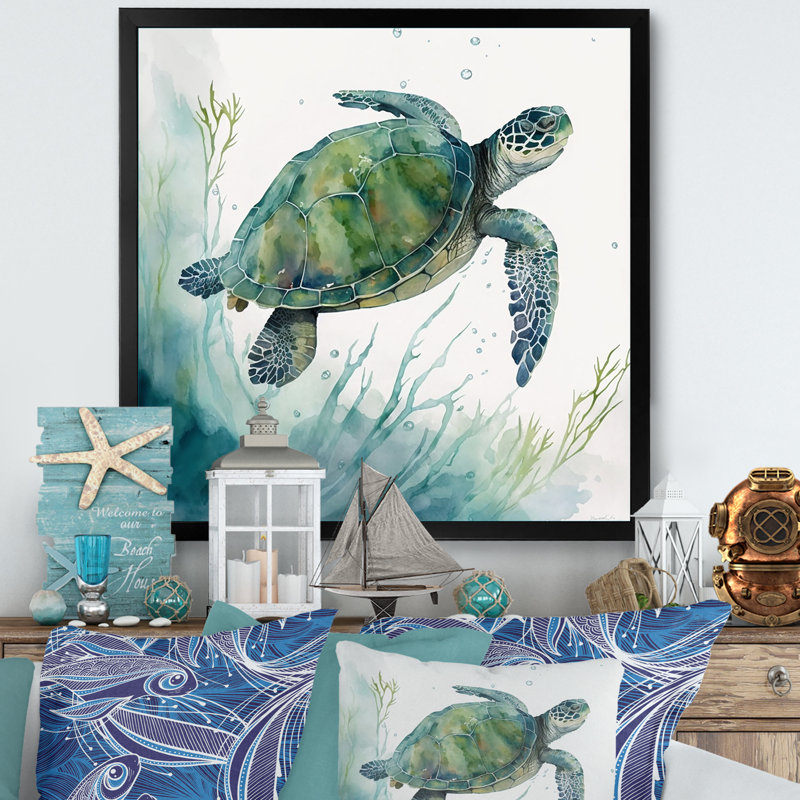Tortue aquarelle nageant II - reproduction sur toile, H 16 po x l 16 po x P 1 po, Impression noire sur toile encadrée