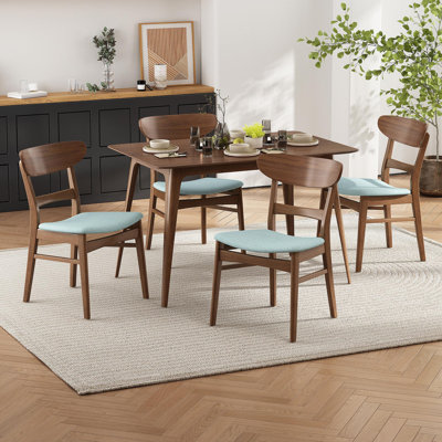 Mid-Century Modern 5-Piece Dining Set, Rubberwood Frame, One Table And 4 Upholstered Chairs, Walnut + Mint (Same Sku: N759S001011M)