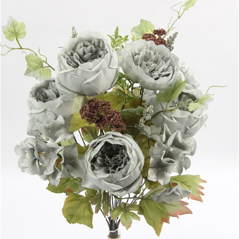 Artificial Spring Mixed Flower 14 Stem Rose/Hydrangea Bush, Burgundy/Pink/Kiwi