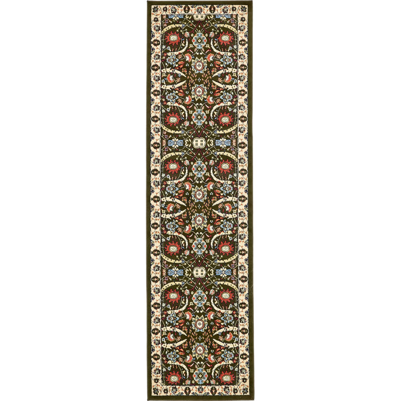 Tapis vert à motif floral Britannia, Tapis de couloir 2 pi 7 po x 10 pi