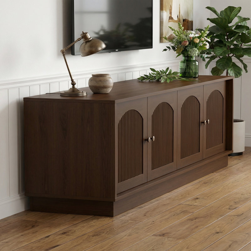 67" Mid Century Modern Tv Stand For Living Room, Wood Entertainment Center With Storage For Tvs Up To 75", Media Tv Console W/arched Fluted Doors & Adjustable Shelves For Bedroom, Brown