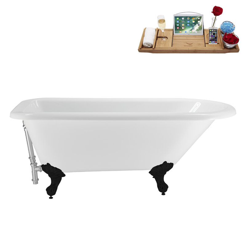 62" Streamline Clawfoot Tub,Tray,Drain, Clawfeet, Matte Black, Polished Chrome