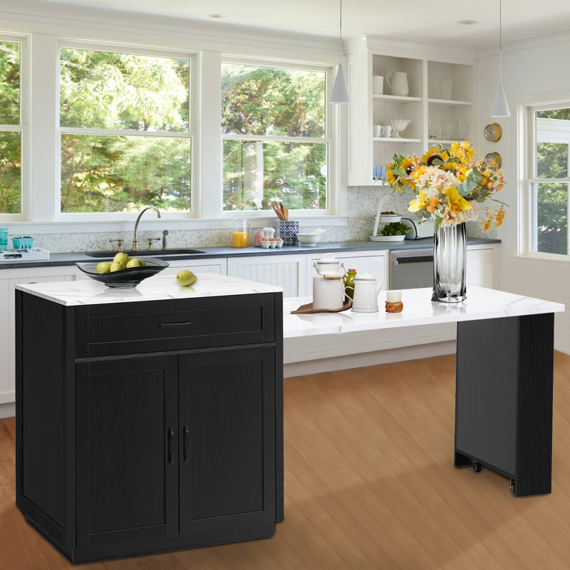 51.1" Wide Kitchen Island With Extendable Top, Black
