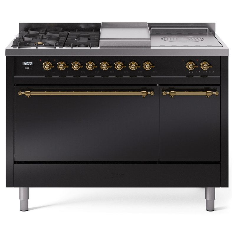 ILVE Nostalgie II 48 in Dual Fuel Range, 5 Burner, Griddle, Frenchtop, Natural Gas, Glossy Black/Brass