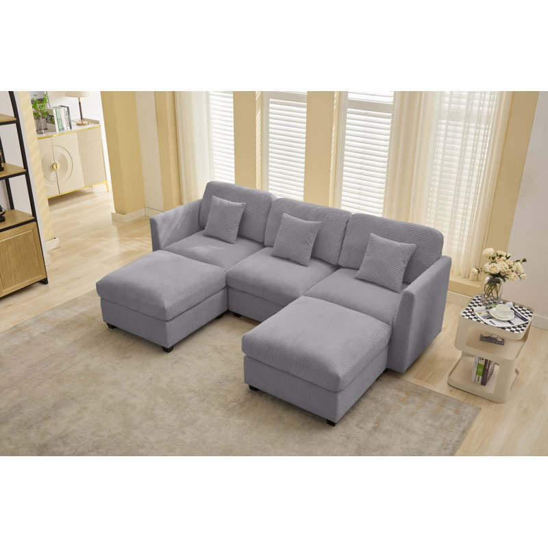5-piece Modular Sectional Sofa With 2 Ottomans, Light Gray Corduroy