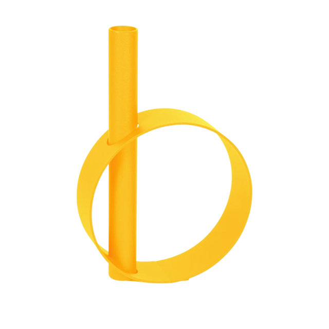 Minimalist modern vase in a vibrant yellow finish featuring a tall cylindrical neck centered within a circular frame.