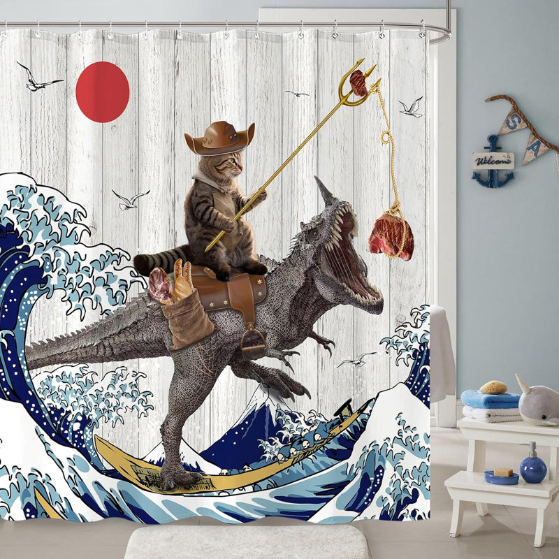 Rideau de douche rigolo à motif de dinosaure rigolo avec imprimé de salle de bain en tissu de polyester imperméable avec 12 crochets pour une suspension facile