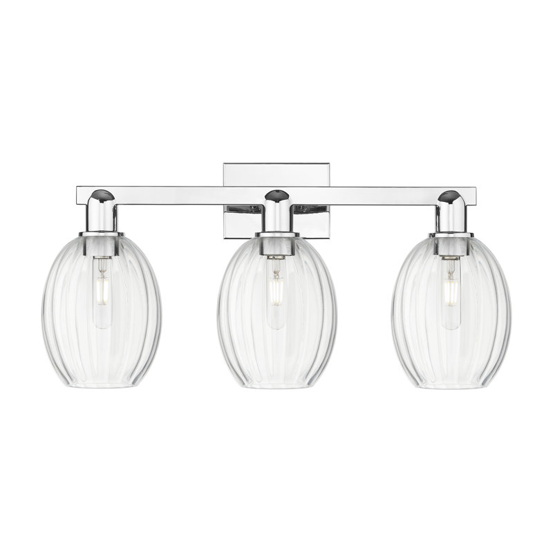 Eldon - Éclairage pour meuble-lavabo de salle de bain 3 lumières 26 "à abat-jour cloche, Clair, Chrome poli