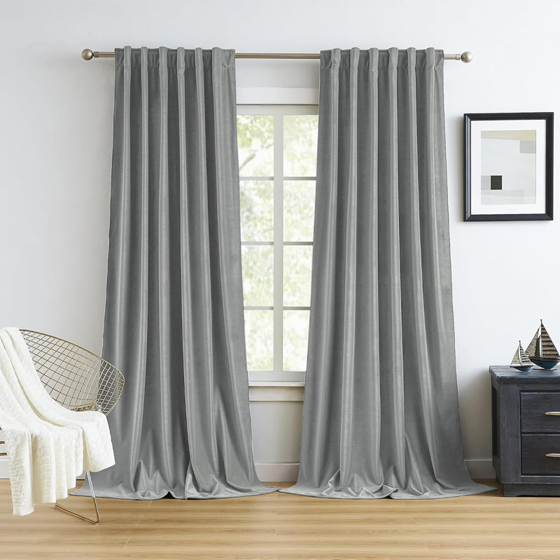 Ortraud Room Darkening Velvet Curtains with Back Tab and Rod Pocket, 52" W x 84" L, Gray