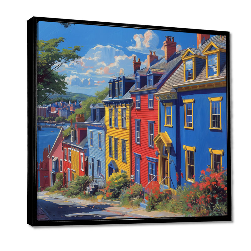 Canada Canada, maisons en rangée à St John II - Canada Wall Art Living Room, Toile avec cadre flottant noir