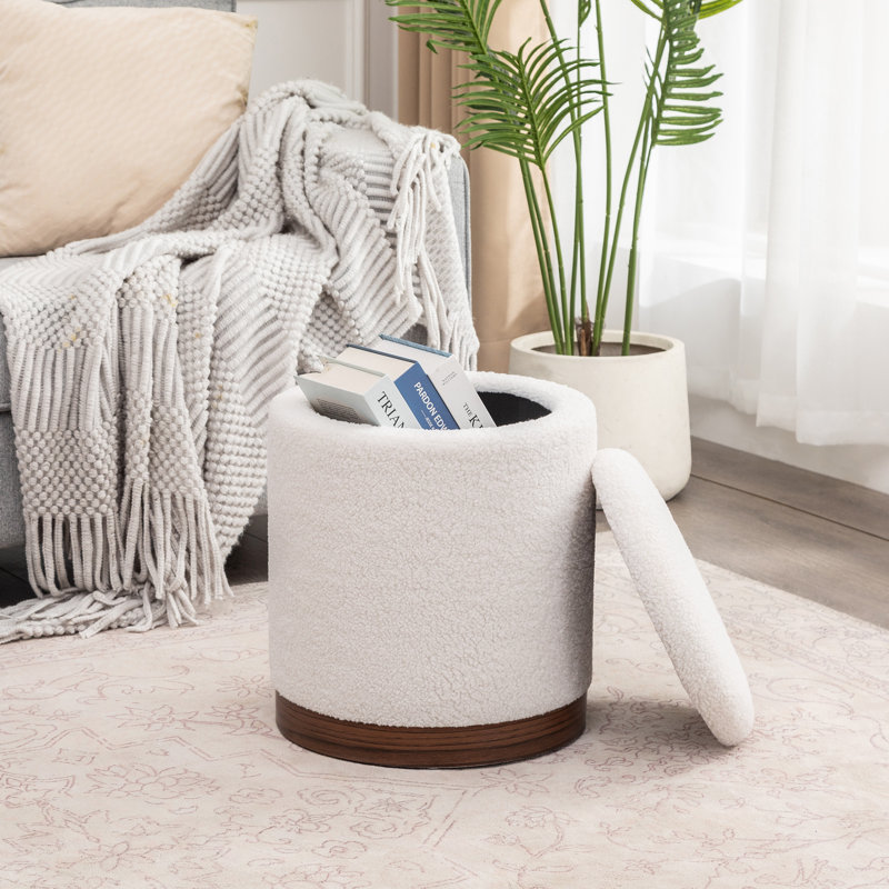 Teddy Fleece Round Ottoman With Stroage, Walnut