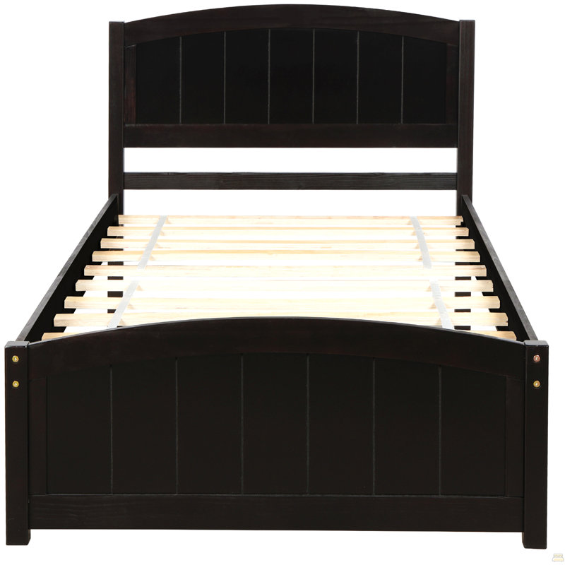 Lit plateforme en bois avec tête de lit, pied de lit et lattes en bois, Espresso