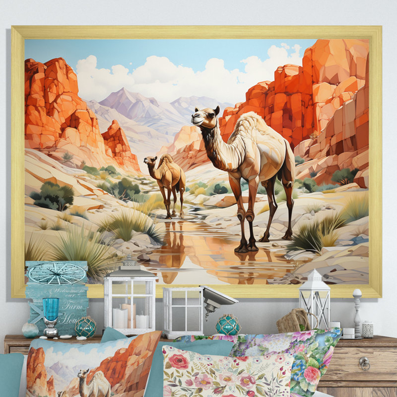 «Camel Desert Wanderer Geometric», reproduction sur toile, H 16 po x l 32 po x P 1 po, Cadre doré à une seule photo