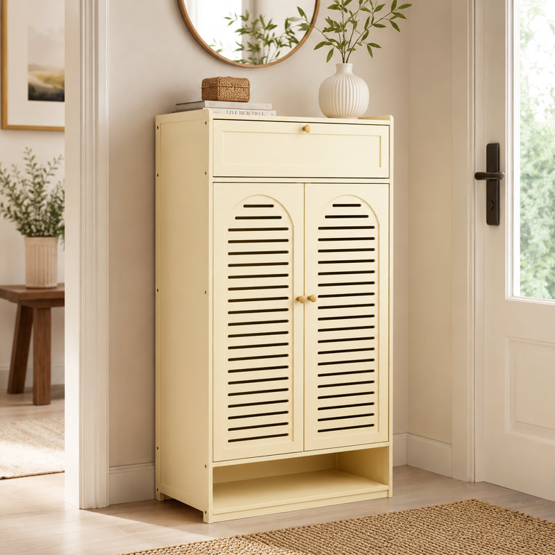 Cream White Tall Shoe Storage Cabinet with Drawer & Louvered Doors, Adjustable Shelves, for Entryway